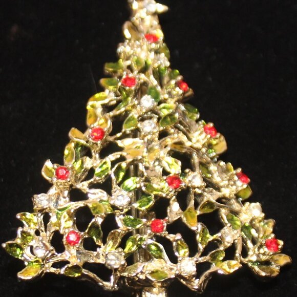 Vintage Gold Tone Christmas Tree with Red and Clear Rhinestones - Picture 4 of 10